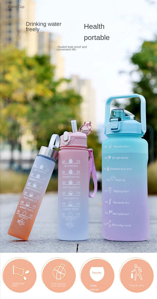 Sports Water Bottles 3 Pcs Set Portable with Motivational Time Marker & Leak Proof